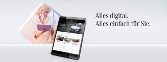 
Eine Frau nutzt ein Tablet, daneben ist ein weiteres Tablet mit ge�ffneter Mercedes-Benz Website zu sehen. Rechts der Text: &sbquo;Alles digital. Alles einfach f�r Sie.&lsquo;
