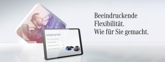 
Ein entspannter Mann lehnt sich zur�ck, davor steht ein Tablet mit einer Mercedes-Benz Leasingseite. Rechts der Text: &sbquo;Beeindruckende Flexibilit�t. Wie f�r Sie gemacht.&lsquo;
