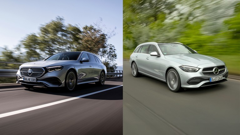 
			Ein Splitscreen, auf dem linken Bild ist ein E-Klasse T-Modell auf einer Strae zu sehen und rechts ein  C-Klasse T-Modell.
		