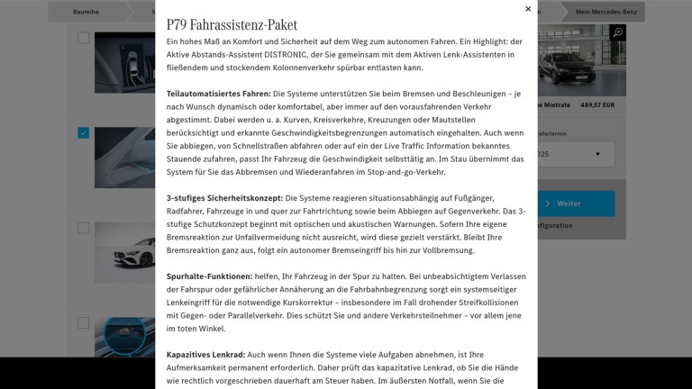
			Screenshot aus dem Mercedes-Benz Members Konfigurator, die Infobox mit weiterfhrenden Informationen und Bildern zum Fahrassistenz-Paket ist geffnet. 
		