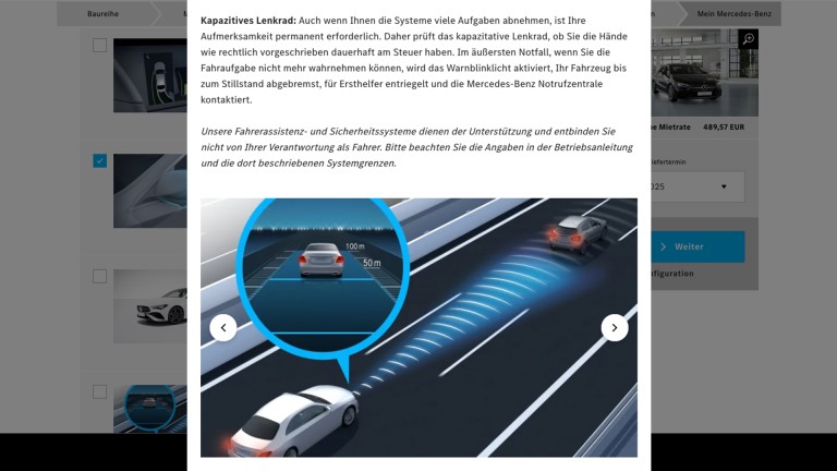 
			Screenshot aus dem Mercedes-Benz Members Konfigurator, die Infobox mit weiterfhrenden Informationen und Bildern zum Fahrassistenz-Paket ist geffnet. 
		
