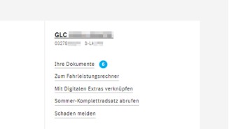 
Screenshot Mercedes-Benz Members-Portal, das Nutzerkonto-Men mit Informationen zum eigenen Fahrzeug wird angezeigt.
