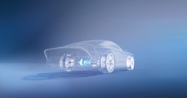 
						  Eine in Blau gehaltene Visualisierung eines fast transparenten Mercedes-Benz Fahrzeugs, in dem die In-Drive Brakes farblich hervorgehoben sind.
						  