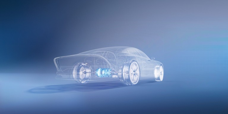 
				Eine in Blau gehaltene Visualisierung eines fast transparenten Mercedes-Benz Fahrzeugs, in dem die In-Drive Brakes farblich hervorgehoben sind.
				