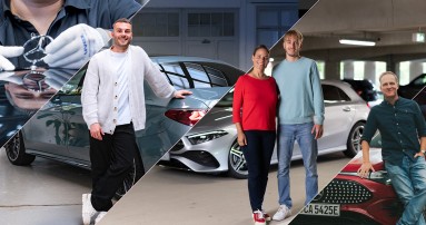 
					  Fotomontage verschiedener Highlight-Momente bei Mercedes-Benz Members, von links nach rechts: Ein Mechaniker mit weien Handschuhen setzt einen Mercedes-Stern auf ein Fahrzeug; sein Gesicht spiegelt sich in der Motorhaube. Produktmanager Christopher Hartung posiert neben dem Heck einer metallic-trkisen E-Klasse. Susanne Gutmann und ihr Sohn Leon stehen Arm in Arm vor einer silberfarbenen A-Klasse. YouTuber und Moderator Matthias Malmedie lehnt an der Fahrzeugfront eines roten CLA.
					  