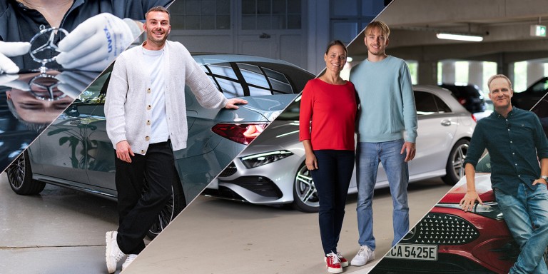 
				Fotomontage verschiedener Highlight-Momente bei Mercedes-Benz Members, von links nach rechts: Ein Mechaniker mit wei�en Handschuhen setzt einen Mercedes-Stern auf ein Fahrzeug; sein Gesicht spiegelt sich in der Motorhaube. Produktmanager Christopher Hartung posiert neben dem Heck einer metallic-t�rkisen E-Klasse. Susanne Gutmann und ihr Sohn Leon stehen Arm in Arm vor einer silberfarbenen A-Klasse. YouTuber und Moderator Matthias Malmedie lehnt an der Fahrzeugfront eines roten CLA.
				