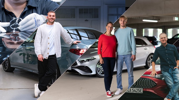 
				Fotomontage verschiedener Highlight-Momente bei Mercedes-Benz Members, von links nach rechts: Ein Mechaniker mit wei�en Handschuhen setzt einen Mercedes-Stern auf ein Fahrzeug; sein Gesicht spiegelt sich in der Motorhaube. Produktmanager Christopher Hartung posiert neben dem Heck einer metallic-t�rkisen E-Klasse. Susanne Gutmann und ihr Sohn Leon stehen Arm in Arm vor einer silberfarbenen A-Klasse. YouTuber und Moderator Matthias Malmedie lehnt an der Fahrzeugfront eines roten CLA.
				