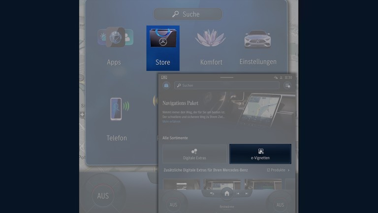 
			Zwei Aufnahmen des MBUX Infotainmentsystems. Auf dem einen ist das Icon des Mercedes-Benz Stores visuell hervorgehoben, auf dem zweiten die Schaltflche „e-Vignetten“.
		