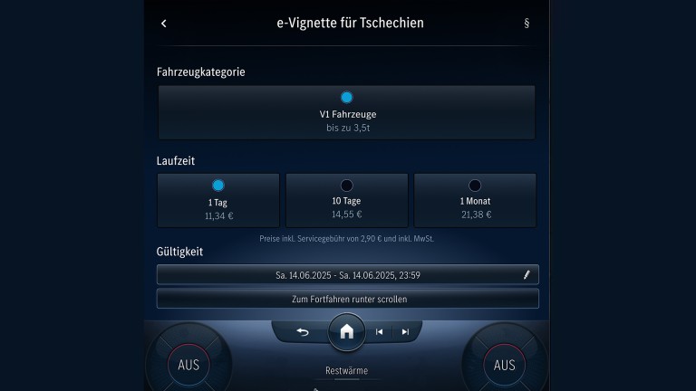 
			Aufnahme des MBUX Infotainmentsystems im Mercedes-Benz Store, ber das die Laufzeit der e-Vignette festgelegt werden kann.
		