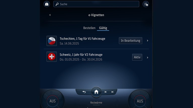 
			Aufnahme des MBUX Infotainmentsystems, auf der zwei gekaufte und gltige e-Vignetten fr Tschechien und die Schweiz zu sehen sind.
		
