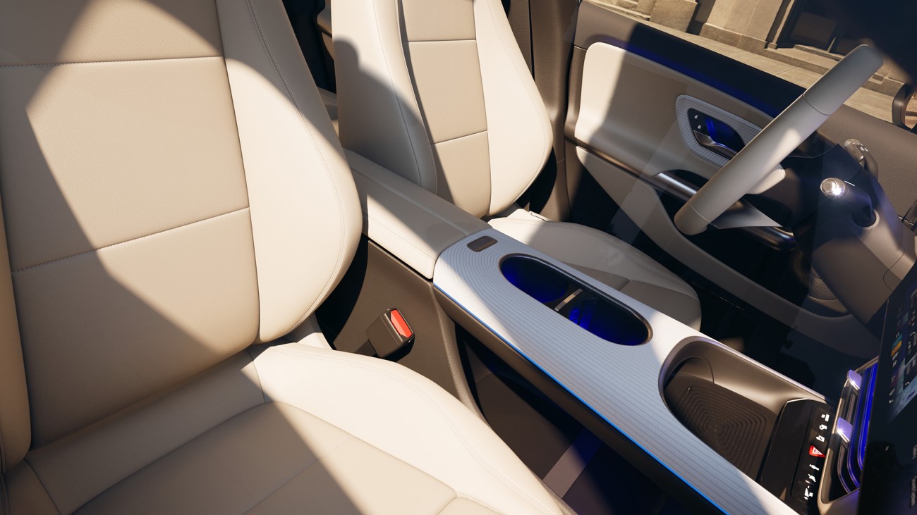 
			Blick in den Innenraum des CLA mit hellem Interieur. Im Fokus steht die Mittelkonsole mit einem Zierteil in Naturfaser und blauer Ambientebeleuchtung.
		