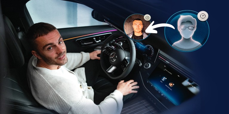 
				Produktmanager Christopher Hartung sitzt hinter dem Steuer eines Mercedes-Benz und blickt in die Kamera.
				