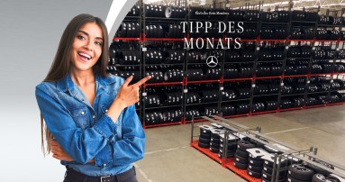 
						  Eine brnette Frau deutet mit dem Zeigefinger auf ein Bild des Rderlagers in Zwickau, in dem mehrere Hochregale stehen, die mit zahlreichen Rdern bestckt sind. In der oberen Hlfte des Bilds steht „Mercedes-Benz Members Tipp des Monats“, darunter ist der Mercedes-Stern abgebildet.
						  