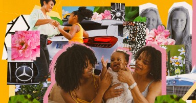 
					  Bunte Collage, auf der verschiedene M�tter mit ihren Kindern, Bilder von Mercedes-Benz Fahrzeugdetails und Blumen zu sehen sind.
					  