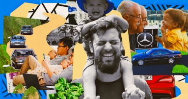 
					  Bunte Collage, auf der verschiedene V�ter mit ihren Kindern, Bilder von Mercedes-Benz Fahrzeugdetails und Blumen abgebildet sind.
					  