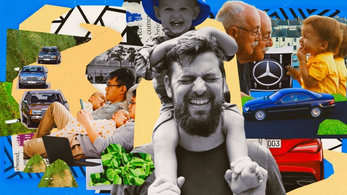 
				Bunte Collage, auf der verschiedene V�ter mit ihren Kindern, Bilder von Mercedes-Benz Fahrzeugdetails und Blumen abgebildet sind.
				
