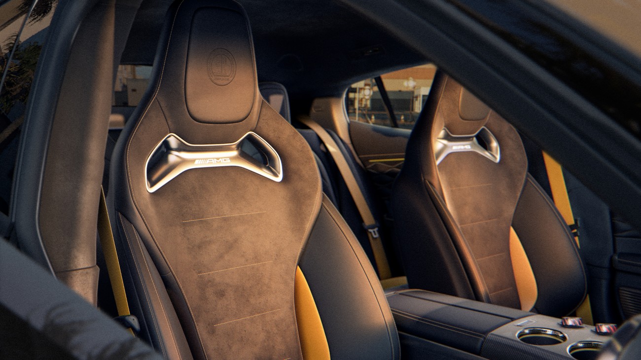
			Blick in den Innenraum des neuen Mercedes-AMG GT 4-T�rer Coup�. Im Bild sind die optionalen AMG Performance Sitze mit integrierten Kopfst�tzen, hochwertige Oberfl�chen sowie die Mittelkonsole zwischen Fahrer- und Beifahrersitz.
		