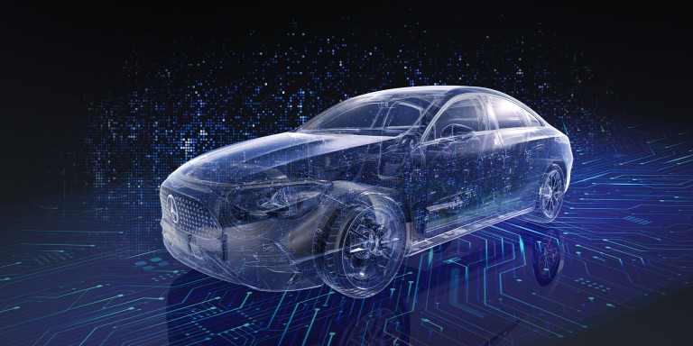 
				Grafik eines transparenten Mercedes-Benz Fahrzeugs mit wei�en Umrissen auf einer Chip-Plattform vor einem dunkelblauen Hintergrund.
				