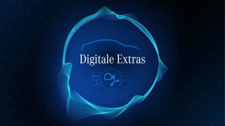 
Kreisf�rmige, abstrakte Grafik auf einem dunkelblauen Hintergrund mit kleinen Mercedes-Benz Sternen, in der in der Mitte steht &bdquo;Digitale Extras&ldquo;.

