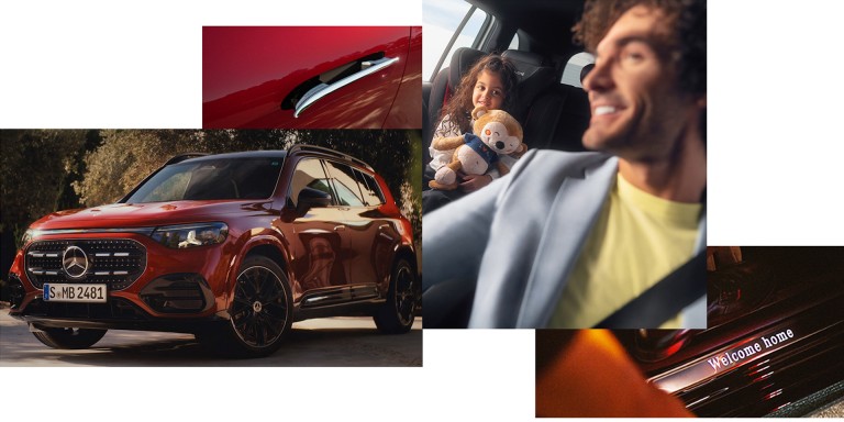 
				Collage mit mehreren Fotos: ein GLA von Mercedes-Benz in MANUFAKTUR Lack MANUFAKTUR patagonienrot metallic, eine Nahaufnahme eines fl�chenb�ndigen T�rgriffs, ein Bild eines Mannes auf dem Fahrersitz, hinter dem ein kleines M�dchen in einem Kindersitz und mit Kuscheltier in der Hand sitzt, ein Bild der "Welcome home"-Aufschrift an der beleuchteten Einstiegsleiste.
				