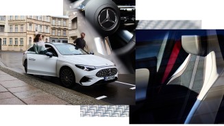 
Eine Collage mit mehreren Bildern: Ein Bild von einem wei�en Mercedes-Benz, in den gerade eine Frau auf der Beifahrerseite- und ein Mann auf der Fahrerseite einsteigen, eine Nahaufnahme des Lenkrads und eine Nahaufnahme eines Vordersitzes.
