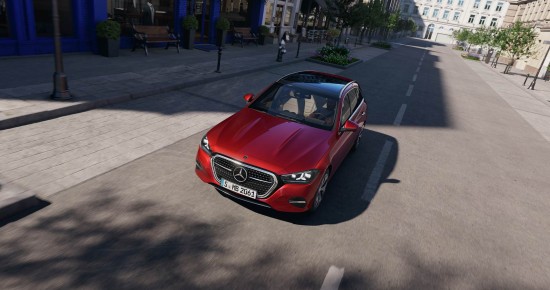 
					  Das neue Mercedes-Benz C-Klasse T-Modell in der Farbe MANUFAKTUR patagonienrot metallic f�hrt durch eine innerst�dtische Stra�e.
					  