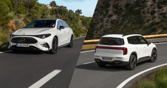 
					  Die Fotomontage zeigt zwei Mercedes-Benz Modelle auf kurvigen Stra�en in mediterraner Landschaft. Links f�hrt der neue CLA, von schr�g vorn zu sehen. Rechts ist der neue GLB w�hrend der Fahrt von schr�g hinten abgebildet.
					  