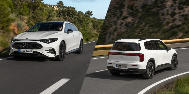 
				Die Fotomontage zeigt zwei Mercedes-Benz Modelle auf kurvigen Stra�en in mediterraner Landschaft. Links f�hrt der neue CLA, von schr�g vorn zu sehen. Rechts ist der neue GLB w�hrend der Fahrt von schr�g hinten abgebildet.
				
