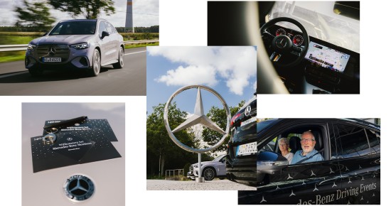 
					  Fotomontage verschiedener Szenen der Probefahrten: Frontansicht eines Mercedes-Benz GLC in der Farbe lavender silber auf einer Landstra�e; zwei Flyer mit der Aufschrift &bdquo;Willkommen bei Mercedes-Benz Members&ldquo; und ein Schl�sselanh�nger auf einer Motorhaube; ein �berdimensionaler Mercedes-Benz Stern auf dem Parkplatz des Kundencenters Bremen; Innenansicht eines Mercedes-Benz Fahrzeugs mit Blick auf das digitale Cockpit; ein Mann und eine Frau in einem Fahrzeug bei den Probefahrten.
					  