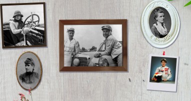 
					  Collage von vier Schwarz-Wei�-Aufnahmen und einer Farbaufnahme in unterschiedlichen Bilderrahmen, die bedeutsame Frauen aus der Mercedes-Benz Welt zeigen: Bertha Benz, Louise Sarazin, Ernes Merck, Ewy Rosqvist und Ursula Wirth und Ellen Lohr.
					  