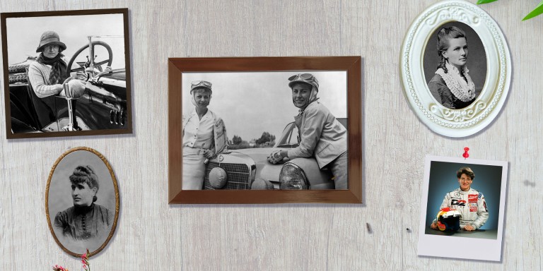 
				Collage von vier Schwarz-Wei�-Aufnahmen und einer Farbaufnahme in unterschiedlichen Bilderrahmen, die bedeutsame Frauen aus der Mercedes-Benz Welt zeigen: Bertha Benz, Louise Sarazin, Ernes Merck, Ewy Rosqvist und Ursula Wirth und Ellen Lohr.
				