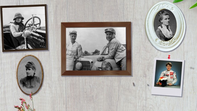 
				Collage von vier Schwarz-Wei�-Aufnahmen und einer Farbaufnahme in unterschiedlichen Bilderrahmen, die bedeutsame Frauen aus der Mercedes-Benz Welt zeigen: Bertha Benz, Louise Sarazin, Ernes Merck, Ewy Rosqvist und Ursula Wirth und Ellen Lohr.
				