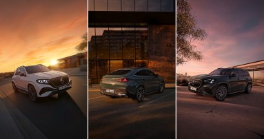 
					  Von links nach rechts: Fotomontage eines Mercedes-Benz GLE SUV in atmosph�rischer Abendd�mmerung, eines Mercedes-Benz GLE Coup� vor einem modernen Geb�ude mit Glasfront und eines Mercedes-Benz GLS SUV vor einem Haus.
					  