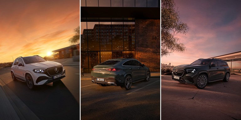 
				Von links nach rechts: Fotomontage eines Mercedes-Benz GLE SUV in atmosph�rischer Abendd�mmerung, eines Mercedes-Benz GLE Coup� vor einem modernen Geb�ude mit Glasfront und eines Mercedes-Benz GLS SUV vor einem Haus.
				