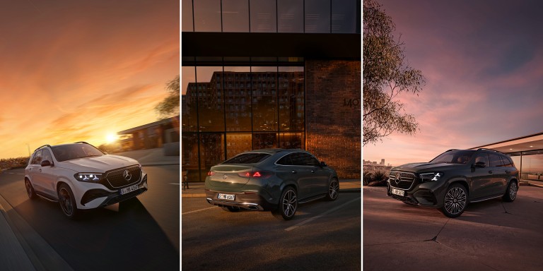 
				Von links nach rechts: Fotomontage eines Mercedes-Benz GLE SUV in atmosph�rischer Abendd�mmerung, eines Mercedes-Benz GLE Coup� vor einem modernen Geb�ude mit Glasfront und eines Mercedes-Benz GLS SUV vor einem Haus.
				