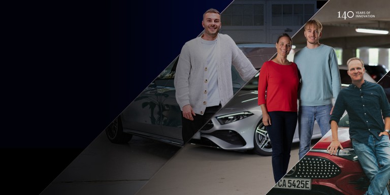 
					Fotomontage verschiedener Highlight-Momente bei Mercedes-Benz Members, von links nach rechts: Ein Mechaniker mit wei�en Handschuhen setzt einen Mercedes-Stern auf ein Fahrzeug; sein Gesicht spiegelt sich in der Motorhaube. Produktmanager Christopher Hartung posiert neben dem Heck einer metallic-t�rkisen E-Klasse. Susanne Gutmann und ihr Sohn Leon stehen Arm in Arm vor einer silberfarbenen A-Klasse. YouTuber und Moderator Matthias Malmedie lehnt an der Fahrzeugfront eines roten CLA. Oben rechts ist das Logo 140 years of innovation zu sehen.
				 