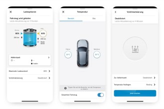 
Drei Screenshots von einem Smartphone-Display, auf dem Funktionen des Remote- und Navigationsdienste Pakets angezeigt werden.
