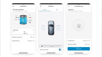 
Drei Screenshots von einem Smartphone-Display, auf dem Funktionen des Remote- und Navigationsdienste Pakets angezeigt werden.
