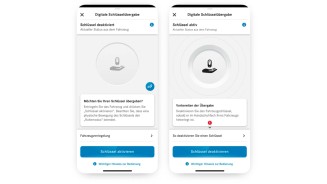 
Screenshot von zwei Smartphone-Bildschirmen, die die Benutzeroberflche der digitalen Schlsselbergabe fr ein Fahrzeug zeigen – links mit deaktiviertem und rechts mit aktivem Schlssel.
