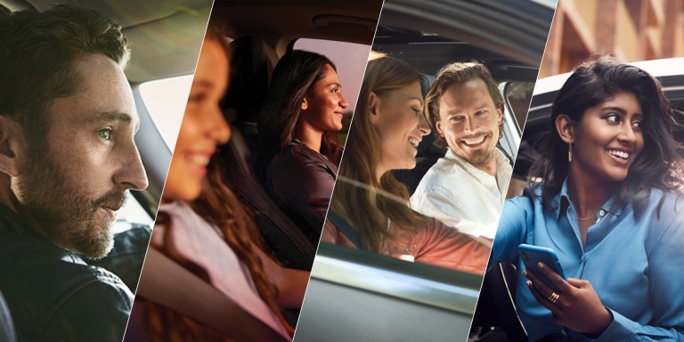 
				Collage mit vier Szenen von Menschen in und am Auto: ein Mann am Steuer, ein lchelndes Mdchen mit Beifahrerin, ein Paar beim Einsteigen und eine Frau mit Smartphone auerhalb des Autos.
				