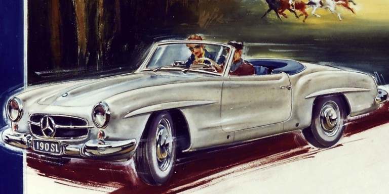 
				Eine Werbeanzeige fr Mercedes-Benz aus dem Jahr 1956/57, die ein gemaltes Bild zeigt: Zwei Menschen fahren in einem silbernen 190 SL von Mercedes-Benz, im Hintergrund sind einige Pferde mit Reitern zu erkennen, am linken Bildrand ist ein blauer Balken zu sehen.)
				