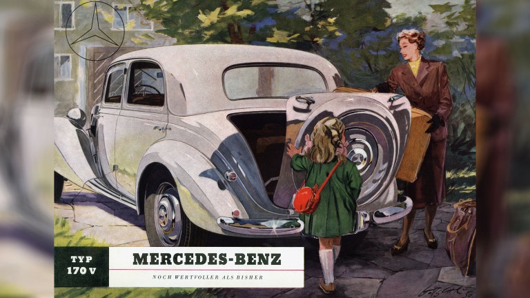 
			Eine gemalte Werbeanzeige fr den Mercedes-Benz 170 V von 1950, auf dem eine Frau und ein Mdchen den von auen zugnglichen Kofferraum mit Gepck beladen. Links unten ist auch der Name des Fahrzeugs sowie der Slogan „Noch wertvoller als bisher“ zu sehen.
		
