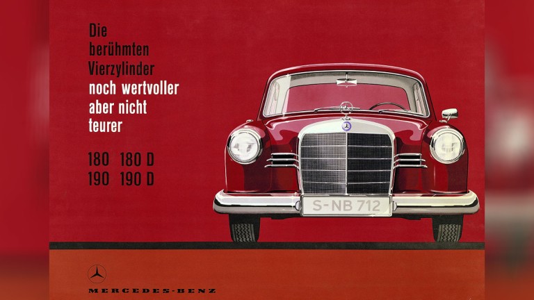 
			Eine Werbeanzeige aus dem Jahr 1957 des Merceds-Benz Typen 180 und 190, links ist der Slogan „Die berhmten Vierzylinder noch wertvoller aber nicht teurer“ und rechts ist ein roter Typ 180 zu sehen, der Hintergrund ist ebenfalls in Rot gehalten.
		