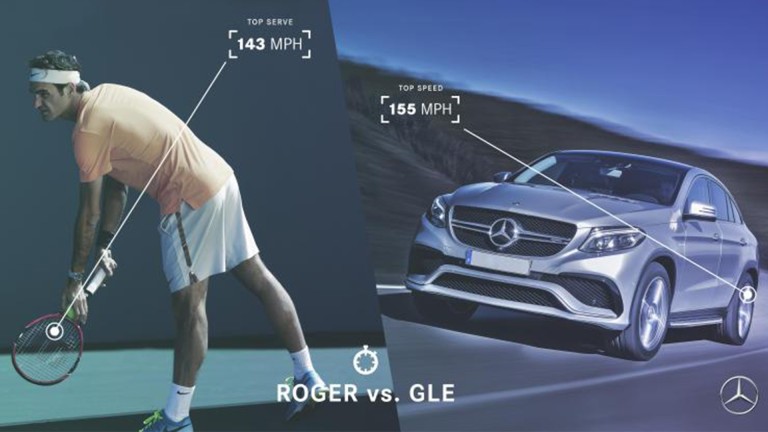 
			Eine Mercedes-Benz Werbeanzeige aus dem Jahr 2016 zeigt links den Tennisprofi Roger Federer beim Aufschlag, der „143 MPH“ Geschwindigkeit hat, rechts daneben ist ein GLE abgebildet, der eine Topgeschwindigkeit von „155 MPH“ hat.
		