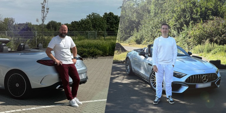 
				Fotomontage aus zwei Bildern: Serhat Balak (li.) lehnt sich an das Heck seines CLE Cabriolets, Marlon Hontheim (re.) steht vor seinem Mercedes-AMG SL 43 Roadster.
				