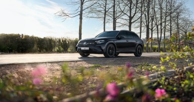 
						  Ein Mercedes-Benz GLC fhrt ber eine von Bumen gesumte Landstrae.
						  