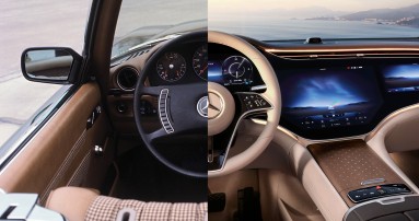 
						  Zweigeteiltes Motiv, das den Cockpitbereich eines Mercedes-Benz mit Fokus auf das Lenkrad zeigt: links im Mercedes-Benz Typ 350 SL, Baureihe 107, rechts in einem EQE SUV. Bildquelle: Mercedes-Benz Classic.
						  