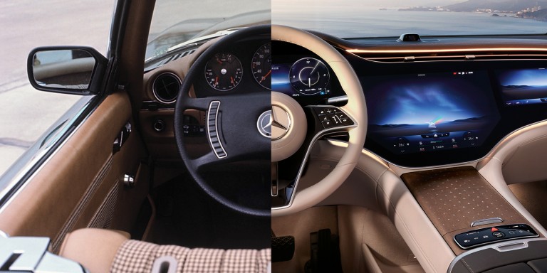 
				Zweigeteiltes Motiv, das den Cockpitbereich eines Mercedes-Benz mit Fokus auf das Lenkrad zeigt: links im Mercedes-Benz Typ 350 SL, Baureihe 107, rechts in einem EQE SUV. Bildquelle: Mercedes-Benz Classic.
				