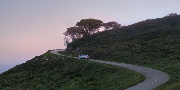 
				Ein EQE von Mercedes-Benz in hightechsilber fhrt auf einer kurvigen Strae, umgeben von Bumen und bewachsenen Berghngen.
				